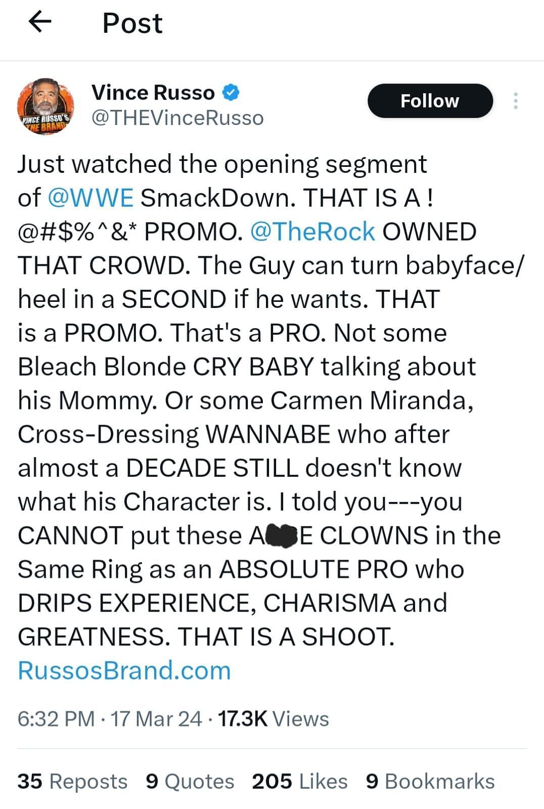 Screenshot of Vince Russo's post